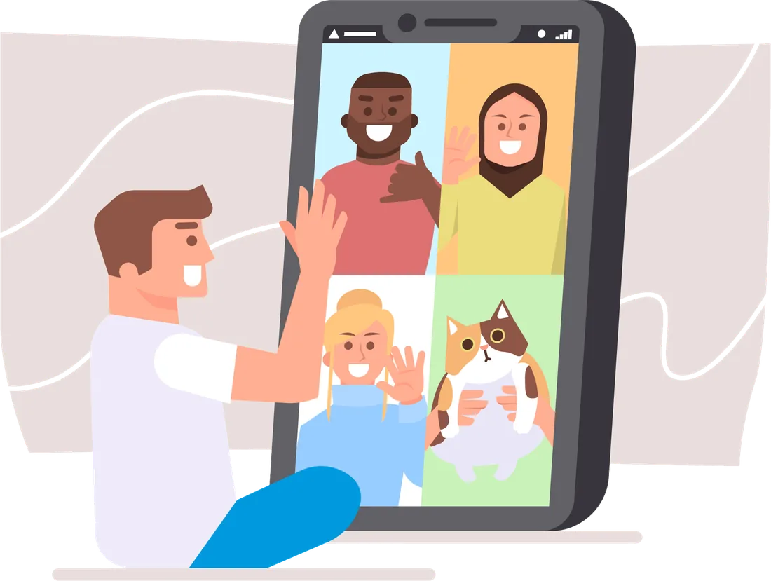 Illustration of a man waving at family and friends on a video call